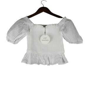 Lost + Wander Womens‎ XS Cottagecore Top White Smocked Peplum Blouse Puff Sleeve
